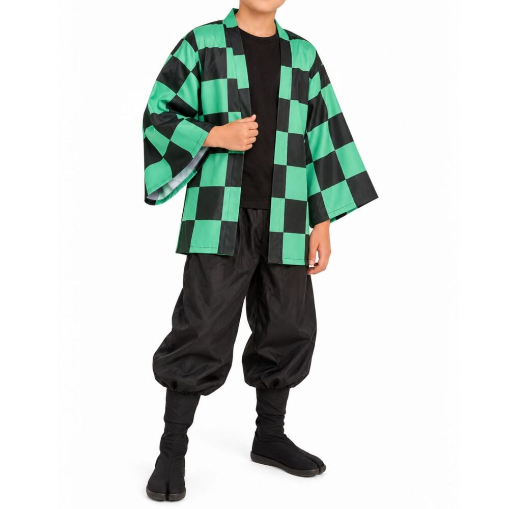 Demon Slayer Kids Tanjiro Checkered Haori & Black Pants Cosplay Set | XL